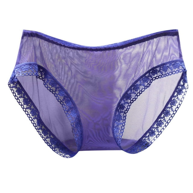 AWZXDE Ladies Underwear Panties Lace Edge Fully Transparent Mesh Low Waist Plus Size Thin Rear Lifting Triangle Blue,L