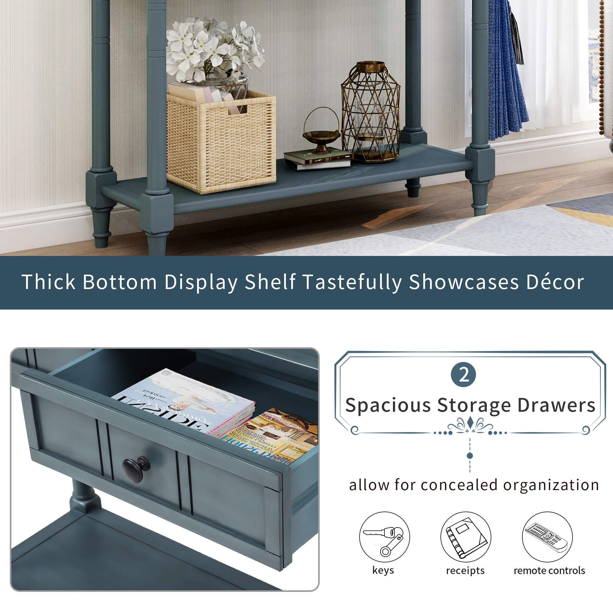 35" Console Table with Drawers,Wood Entryway Table Hallway Table with Open Storage for Living Room,Entryway, Hallway,Navy