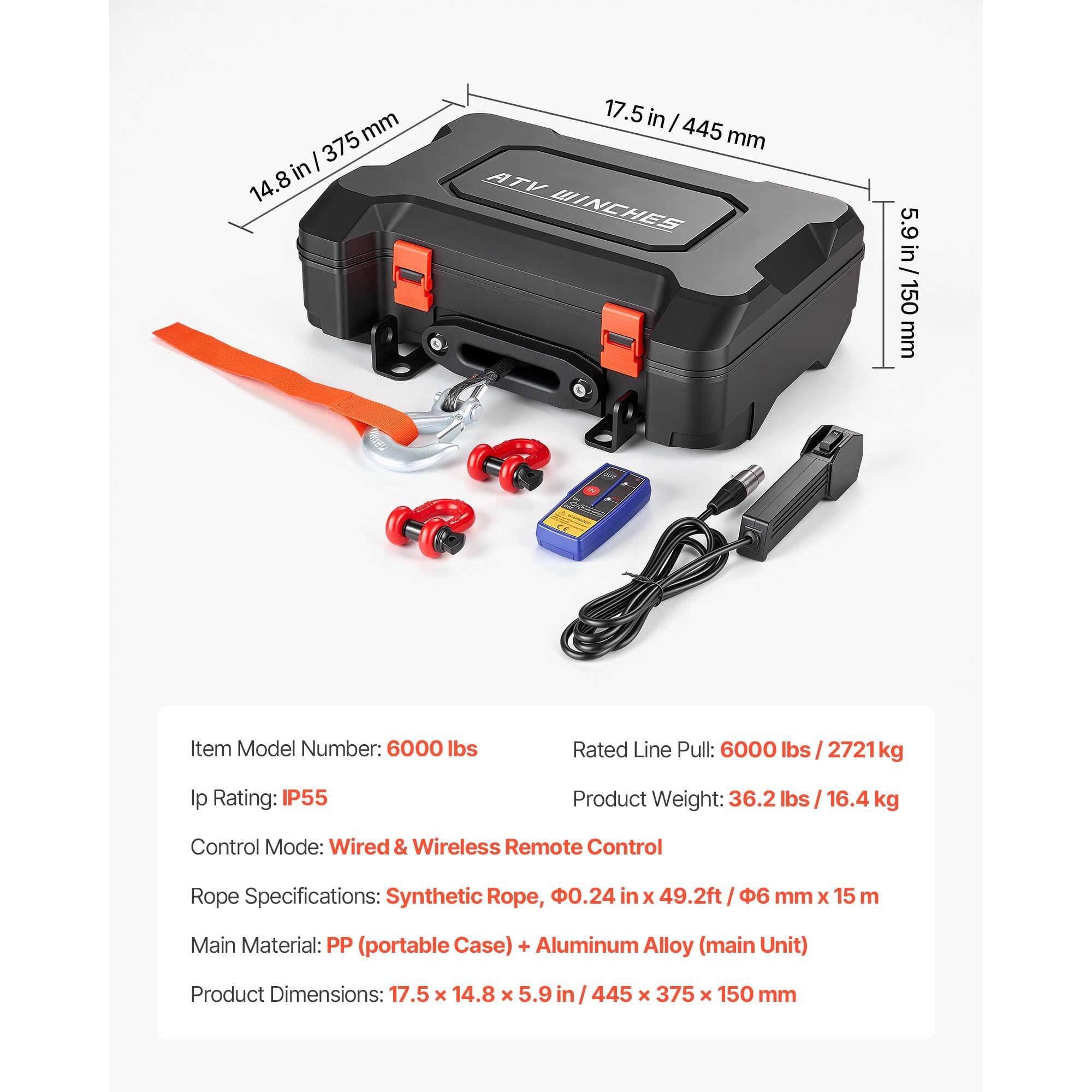 KFFKFF Portable 12V DC Electric Winch, 6000 lbs Capacity with Synthetic Rope, Wireless & Wired Remotes, Recovery Kit Including Fairlead, Hook, and Strap for ATV UTV Off-Road Pulling Applications