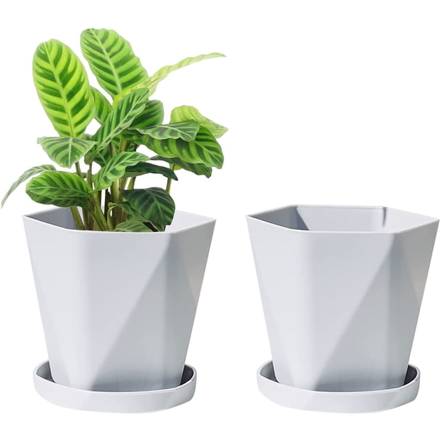 2 Piezas Macetas de Jardín, Macetas de Plástico, Estilo Nórdico, Macetas de Plantas Suculentas de Jardín Interior y Exterior con Bandejas (Gris)