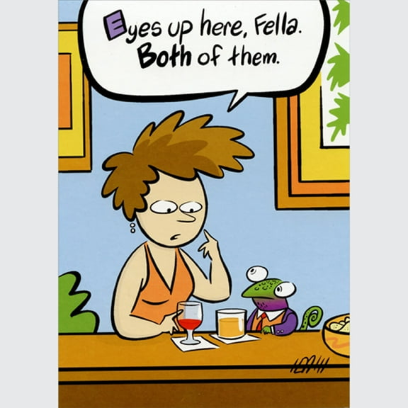 Oatmeal Studios Lizard and Woman at Bar: Eyes Up Here Feminine Funny / Humorous Birthday Card for Her