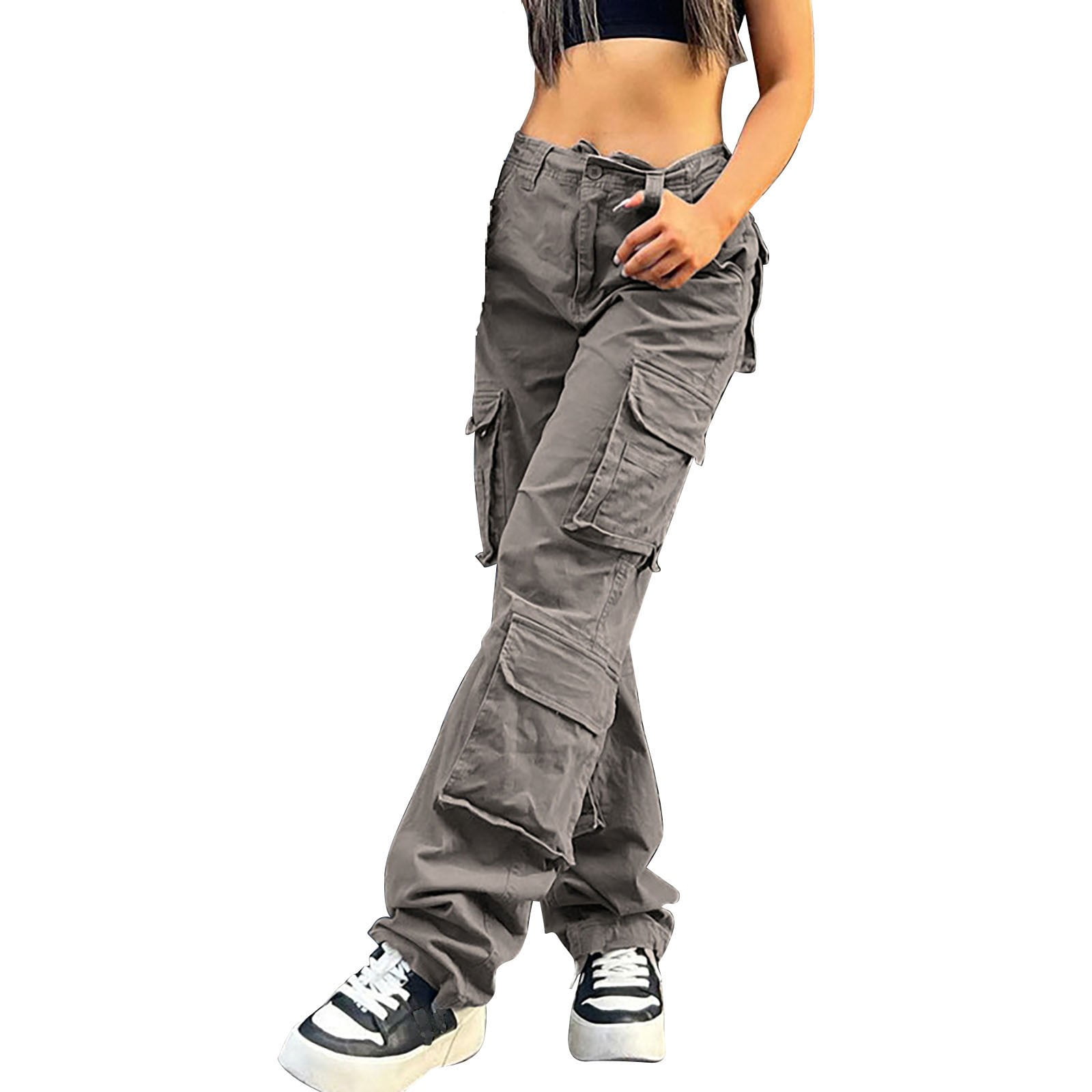 TAIAOJING Cargo Pants Women High Waist Retro Casual Slim Straight Pants Hot  Girl Workwear Pocket Stitching Jeans