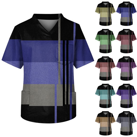 Men's Scrub Tops Short Sleeve V Neck Healthcare Uniform Tops Medical Uniform Shirts with Chest Pocket Striped Purple M