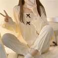 thumbnail image 3 of Conjunto de pijama con lazo para mujer, ropa de dormir con cuello cuadrado y pantalones largos, traje de 2 piezas con volantes, estilo coreano, ropa de noche de manga larga para otoño, 3 of 4