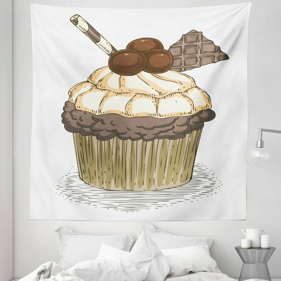 Cupcake Tapestry, Hand Drawn Chocolate Cake with Waffles and Hazelnut Balls Culinary, Fabric Wall Hanging Decor for Bedroom Living Room Dorm, 5 Sizes, Warm Taupe Pale Brown, by Ambesonne