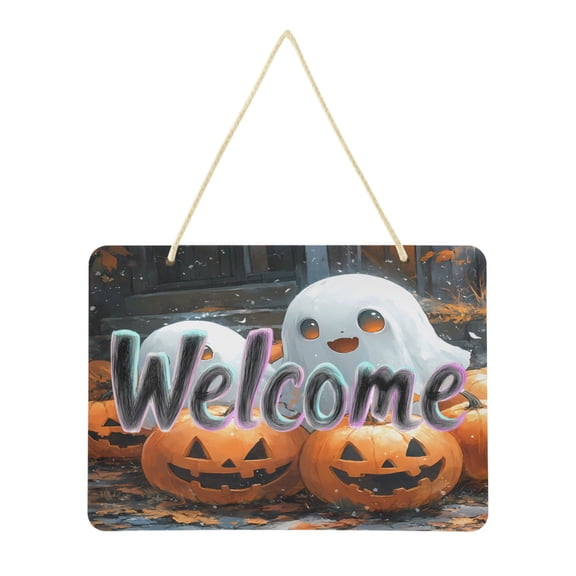 Welcome Sign for Front Door Farmhouse Wall Porch Fall Home Outside Indoor Christmas Decor 14"x10" PVC Cute Ghosts Play with Pumpkin