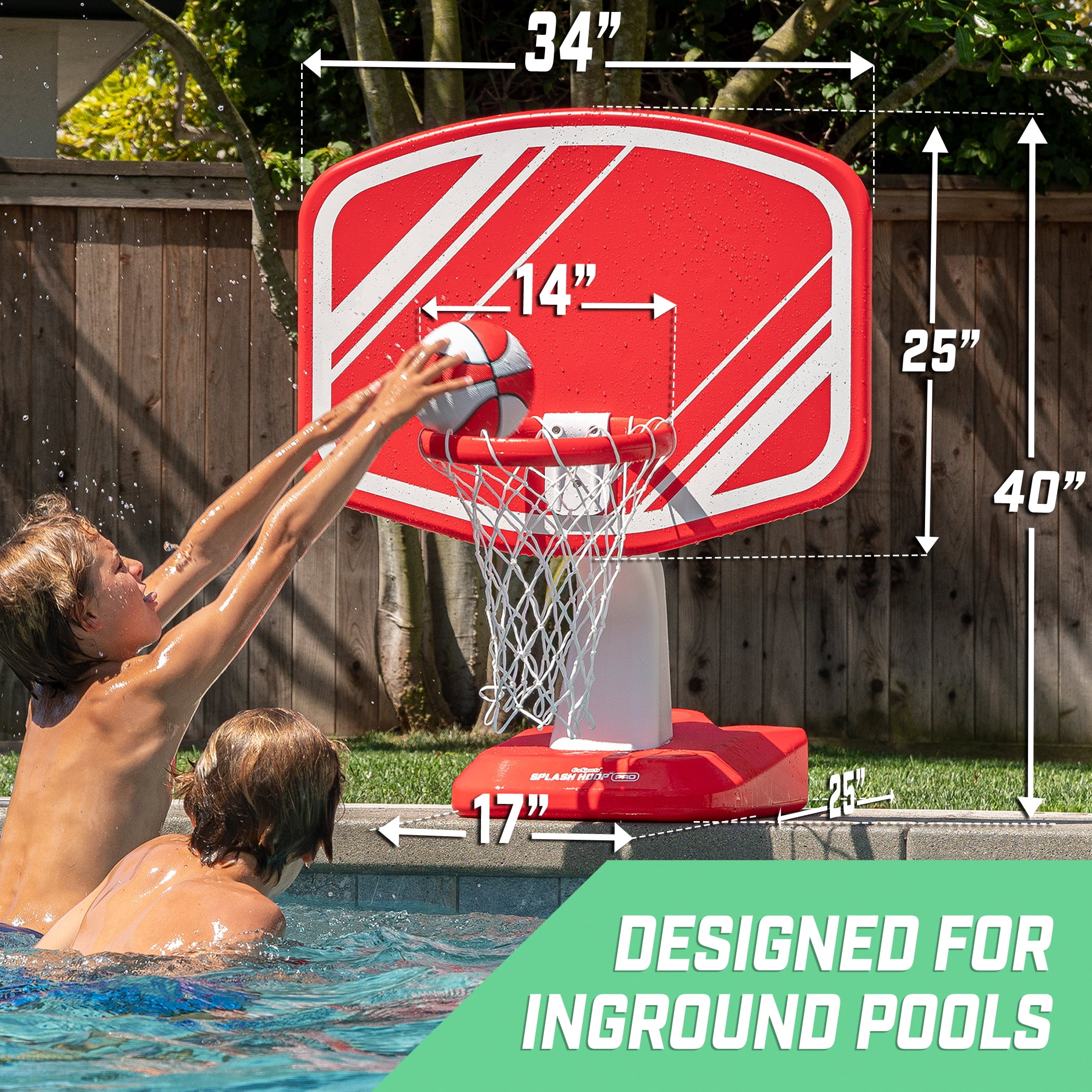 GoSports Splash Hoop PRO Swimming Pool Basketball Game - Includes Poolside Water Basketball Hoop, 2 Balls and Pump - Red