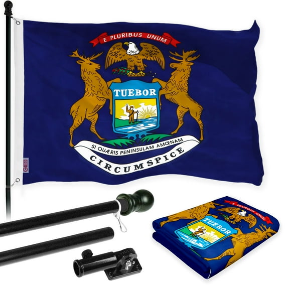 G128 Combo Pack: 6 Feet Tangle Free Spinning Flagpole (Black) Michigan MI State Flag 3x5 ft Printed 150D Brass Grommets (Flag Included) Aluminum Flag Pole