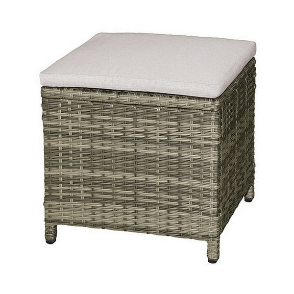 Benjara Foca 18 Inch Outdoor Square Ottoman, Set of 2, Gray Fabric, Faux Wicker