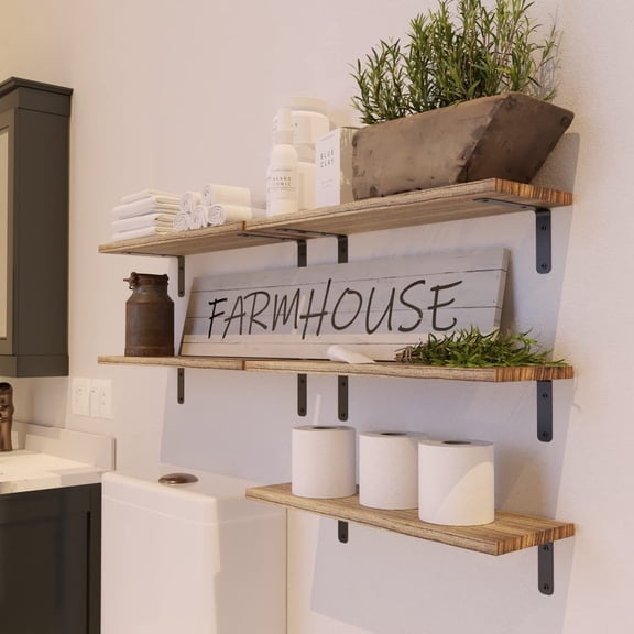 PYAN-Rustic Wood Shelves Set of 5, Farmhouse Style Floating Shelf for Wall Décor, Hanging Shelves for Bathroom, Bedroom, Storage, Kitchen, Living Room - Carbonized Black