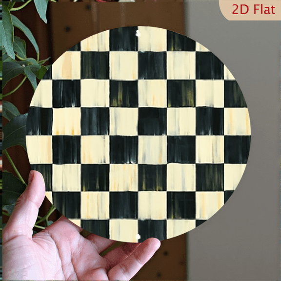 Rustic Black & Cream Checkered Pattern Decor, 8" Round Aluminum Wall Art Sign, Metal Signs, Wall Decor For Door, Office, Coffee, Bedroom Decor, Best Gifts For Room, Home, Bathroom Decor, Weird Decor