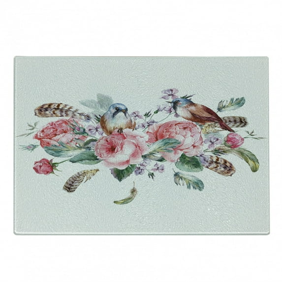 Flowers Cutting Board, Watercolor Style Effect Vintage Design with Roses Birds and Feathers, Decorative Tempered Glass Cutting and Serving Board, Small Size, Coral and Reseda Green, by Ambesonne
