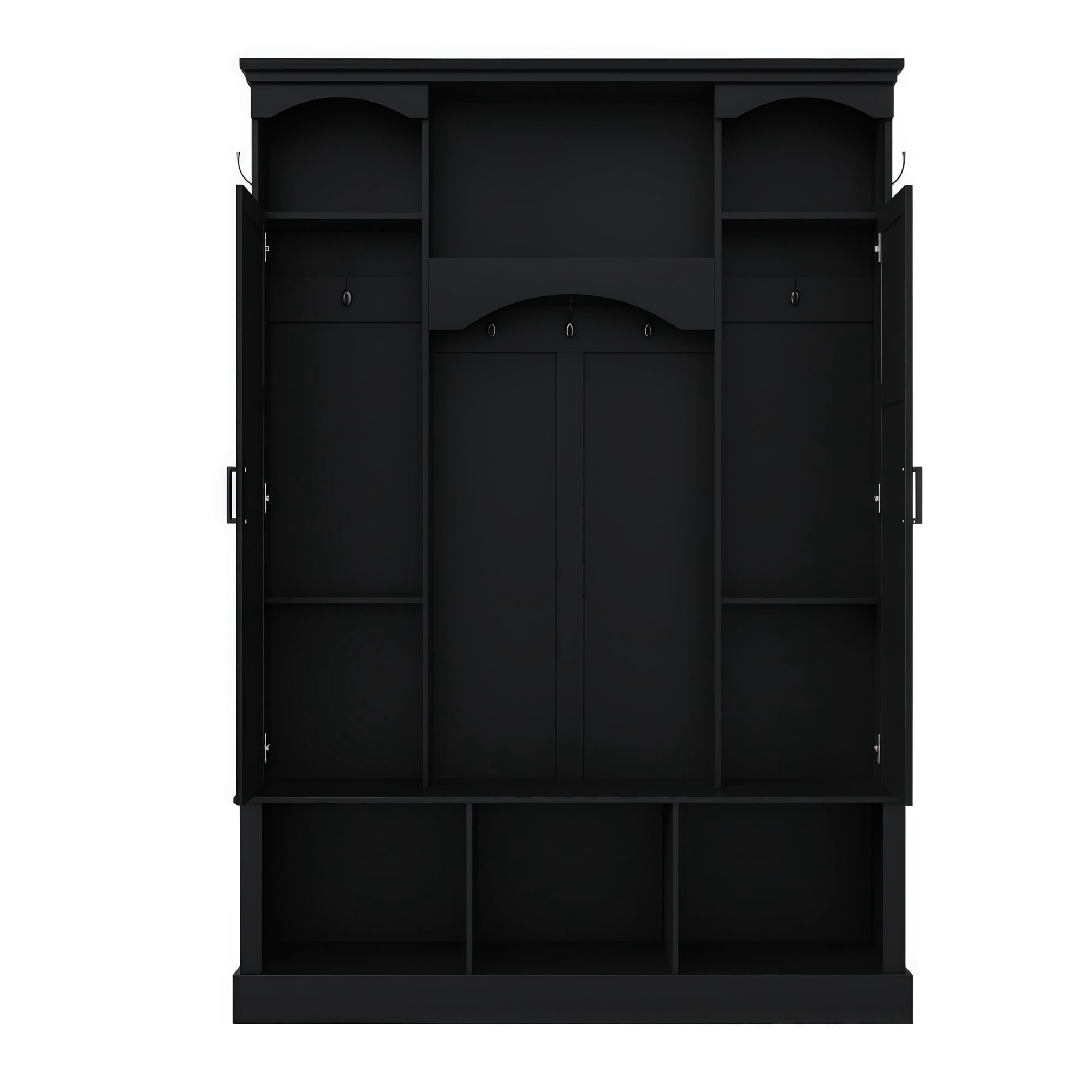 T-Foyer Farmhouse Black Hall Tree with 7 Hooks & 2 Cabinets, Wooden Rustic Entryway Organizer with Open Storage & Adjustable Shelves