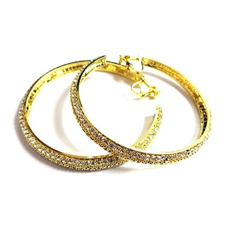 Fashion Jewelry Clip On Earrings Rhinestone Paved Hoop Clip On Earrings Rhinestone Paved Hoop Gold Tone 2 75 Inch Hoops