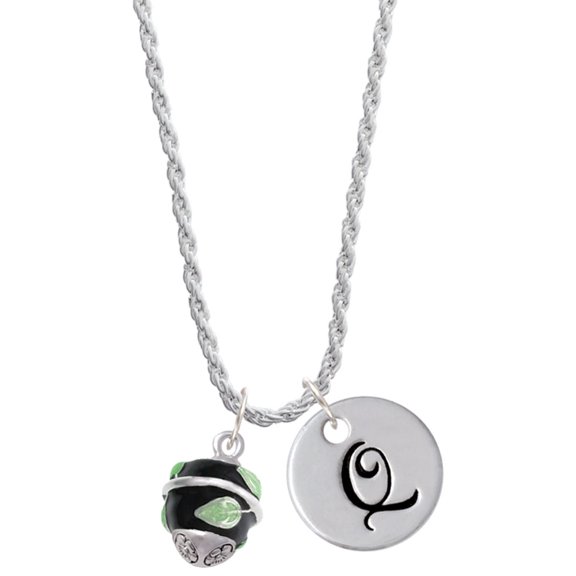 Delight Jewelry Silvertone Lime Leaves on Black Band Spinner Silvertone Script Initial Disc - Q - Charm Necklace, 20"+3"