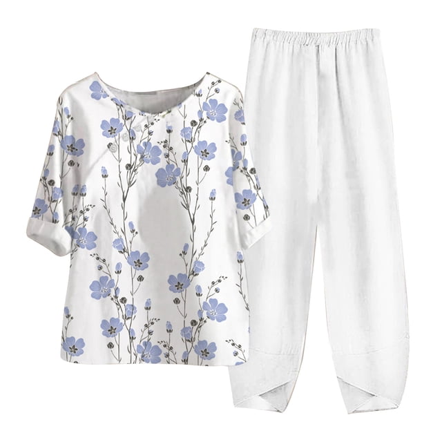 Hauts à Manches 1/2 pour Femmes Ensemble Décontracté Col Rond Manches 5/4 et Pantalon Impression Numérique Deux Pièces