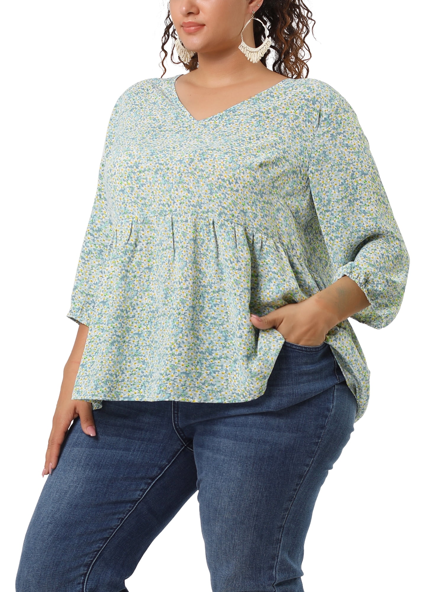 Unique Bargains Juniors' Plus Size Tops Floral Ruffle Flowy Peplum Top Light Blue 4X