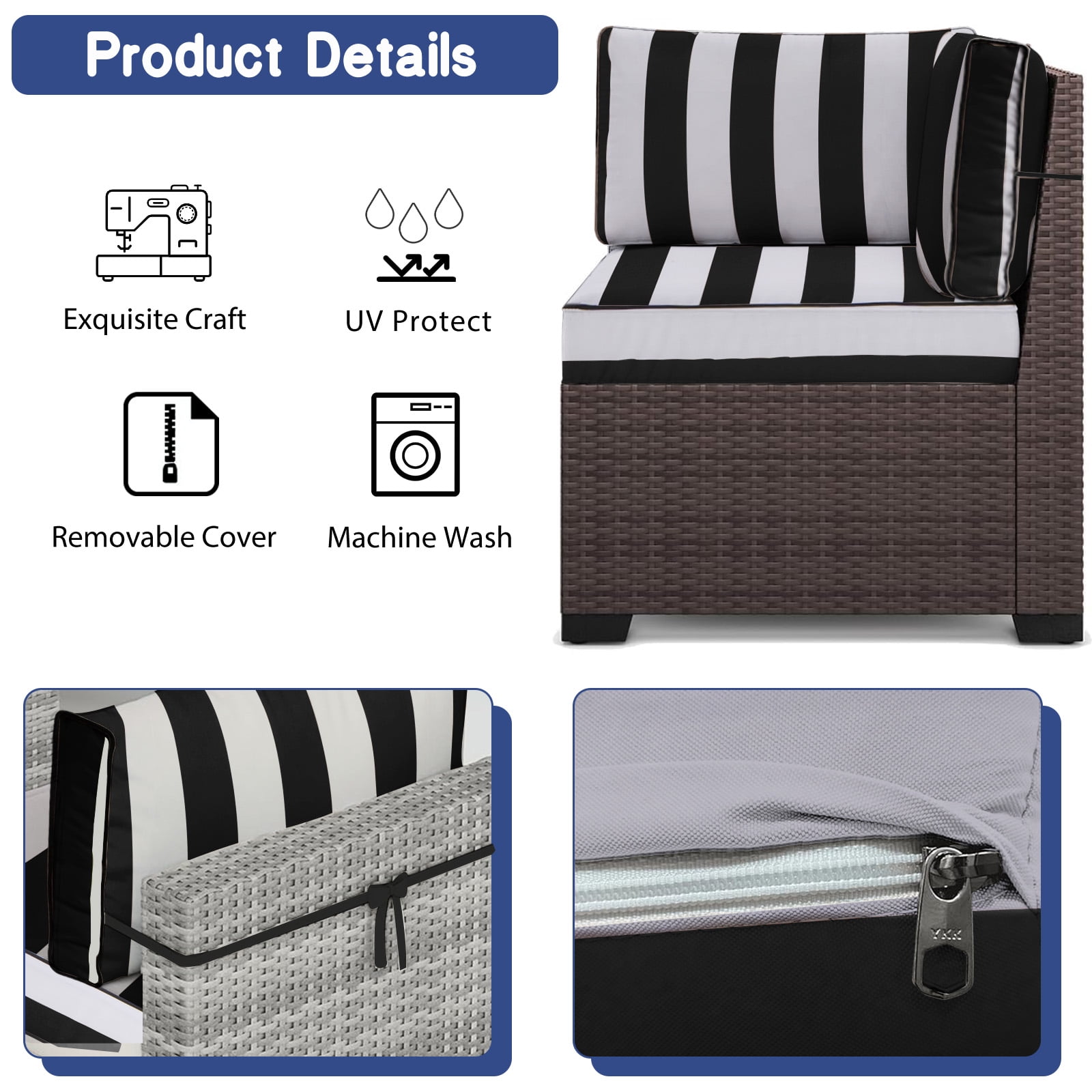PUKNLY Outdoor Furniture Replacement Cushions, Fits 6-seat Sectional Rattan Conversation Set, 14 Piece Patio Water-Resistant Replacement Sofa Cushions, Liner&Cover（Black White Stripes）