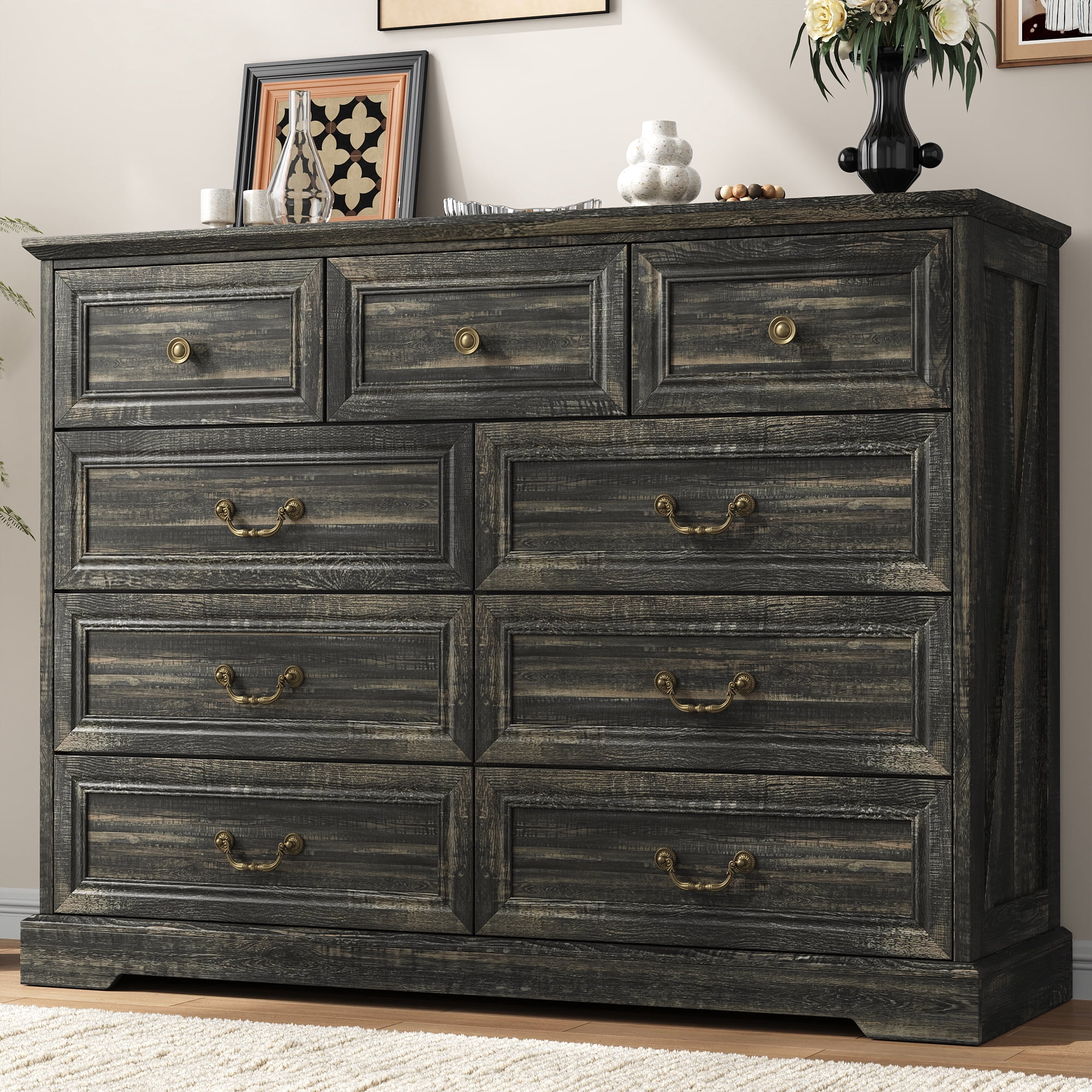 NEGYLIM 9 Drawers Dresser for Bedroom Dressers & Chest of Drawers with Vintage Handles,Long Wooden Dresser for Living Room,Hallway,Study(Dark Rustic Oak)