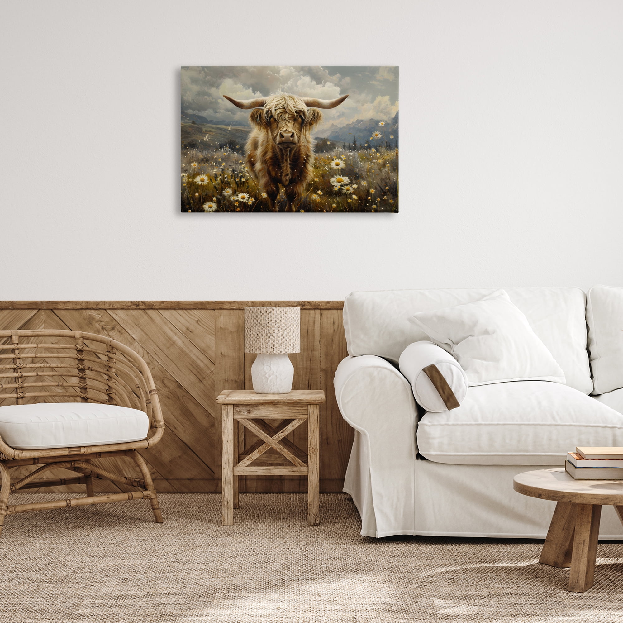 Stupell Industries Cattle in Daisy Field Animals Painting Wrapped Canvas Art Print Wall Art, 30 x 20