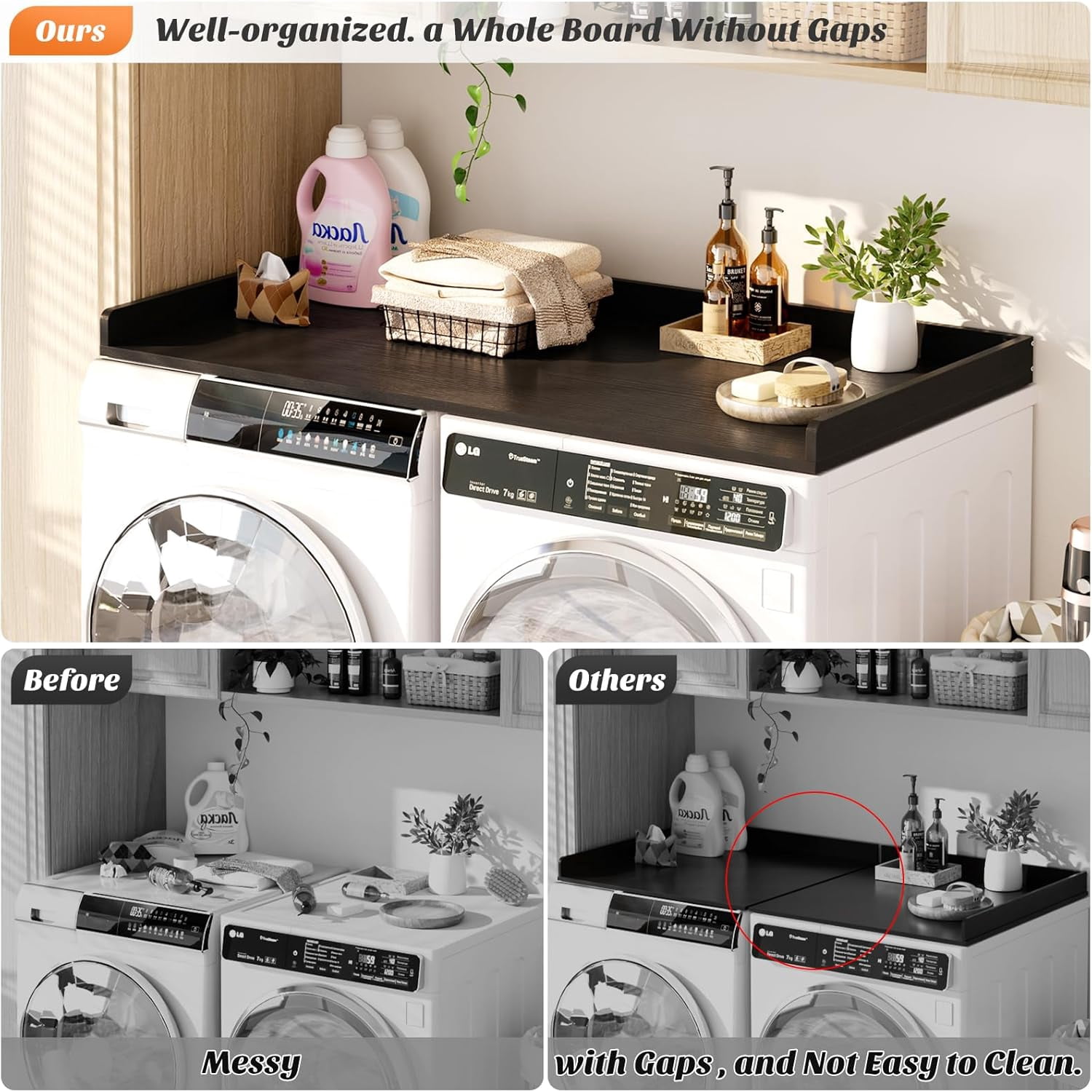 Homieasy Washer and Dryer Countertop, Laundry Room Organization with Non-Slip Pads, Wood Shelf Topper with Round Corner Edge Rails, Laundry Folding Organizer for Laundry, Black