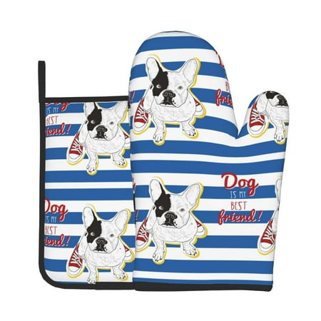 

Xecao Bulldog Friend Pattern Oven Mitts and Pot Holders Sets Heat Resistant Silicone Oven Mittens Extra Thicken Long Kitchen Cotton Oven Glove for Cooking