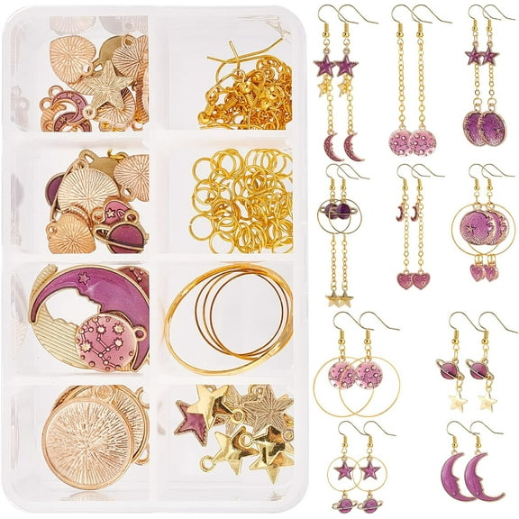 1 Box DIY Make 10 Pairs Star Moon Earrings Making Kit Enamel Flat Round Heart Charms Linking Rings Earring Findings