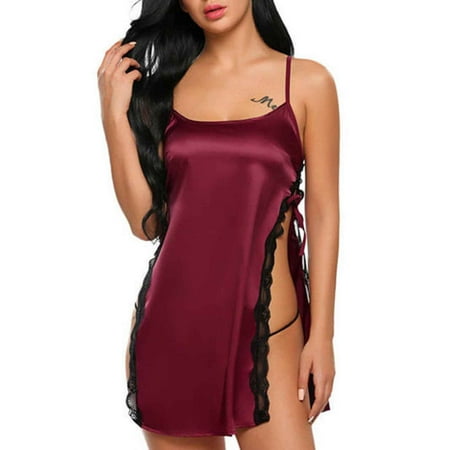 

Womens Lingerie Set YDKZYMD One Piece Comfortable Full Slip Chemise Pajamas Set Spaghetti Strap Sexy Satin Silk Bra and Panty Wine S-XL