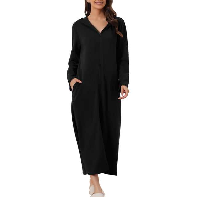 INSPIRE CHIC Bata de Noche con Cremallera para Mujeres, Bata Larga de Casa, Sudadera con Capucha de Manga Larga, Ropa de Casa con Bolsillos, S Negro