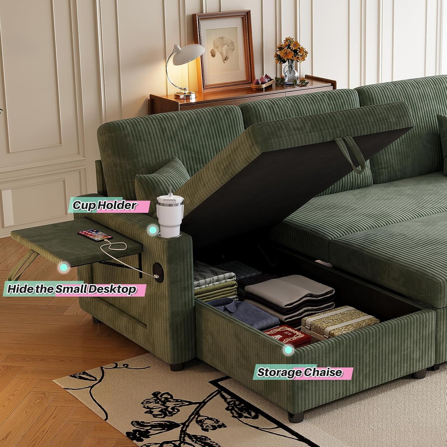 LLappuil Sectional Sofa, 84" Sectional Couch with Storage Chaise, Small Desktop, Cup Holders, Charging Port Convertible Sofa Bed, Corduroy Pull Out Sofa Bed for Living Room Green