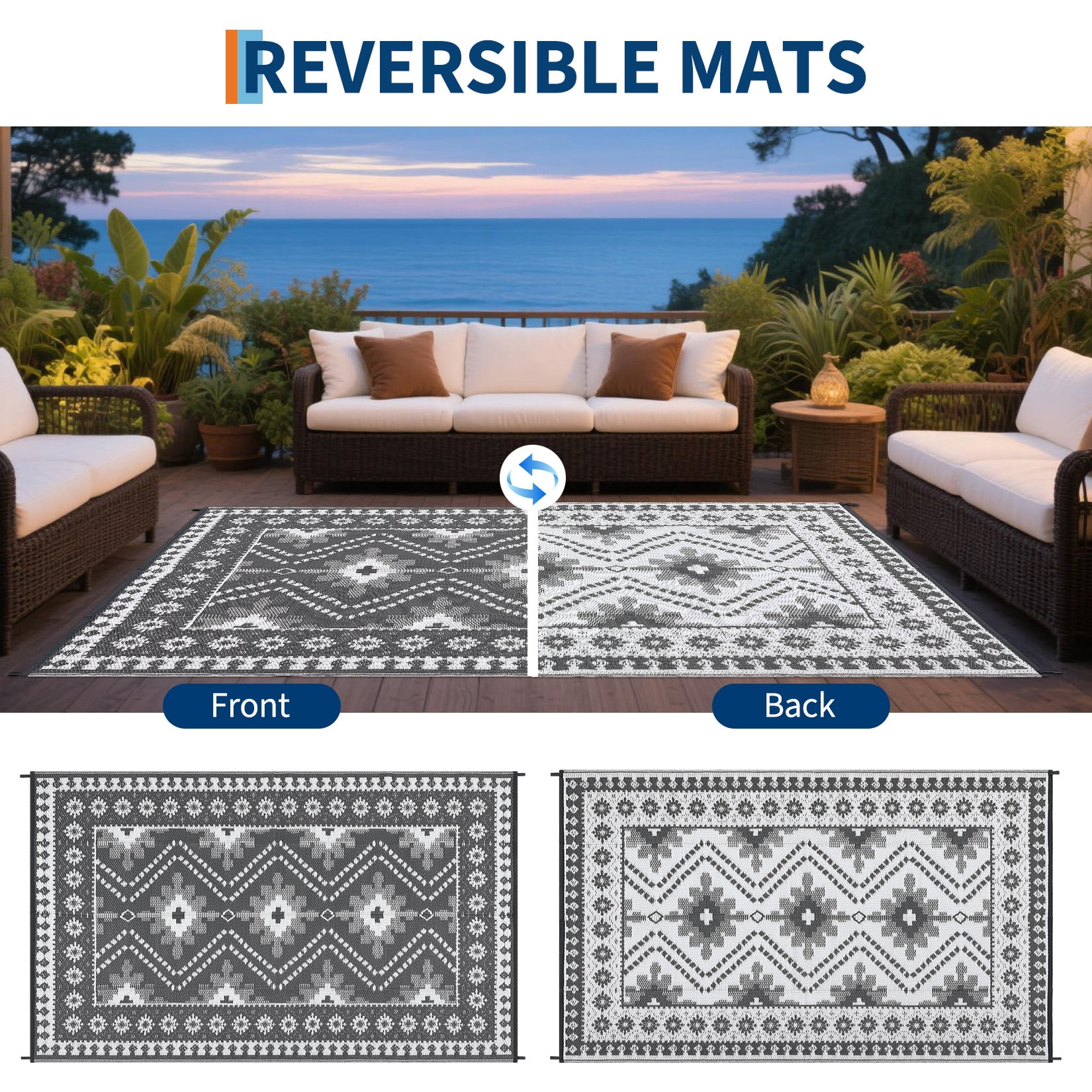 HIWEAVER 9' x 12' Gray/White Outdoor Rug PP Plastic Straw Woven Waterproof Patio Rug with Border Portable Outside Carpet for Balcony Deck Picnic Garden Decor