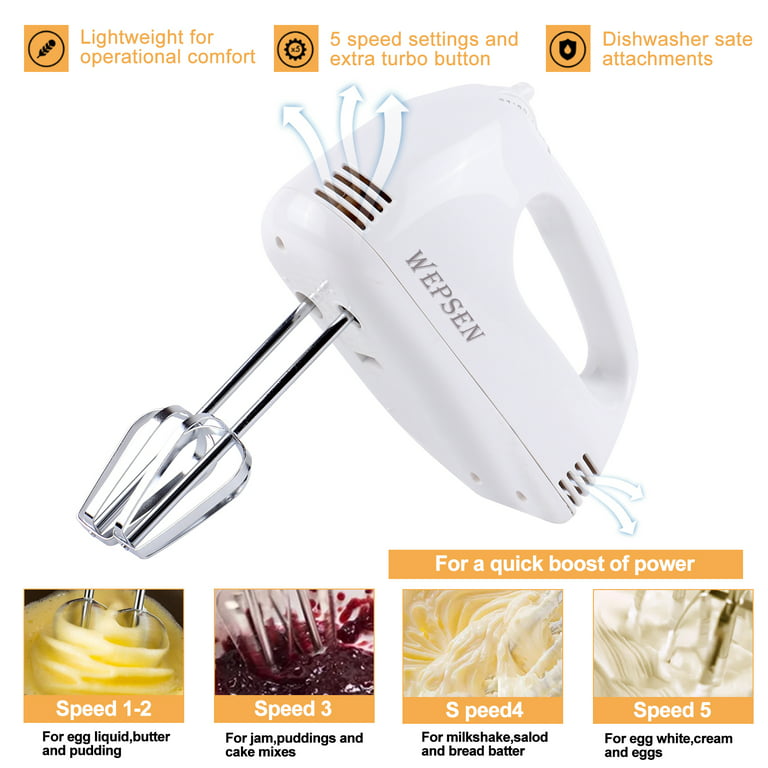 OCTAVO 5 Speed Hand Mixer Electric, 250W Ultra Power Kitchen Hand Mixers  With Easy Eject Button, 4 Metal Attachments (2 Wired Beaters And 2 Dough  Hooks) And Storage base (white) 