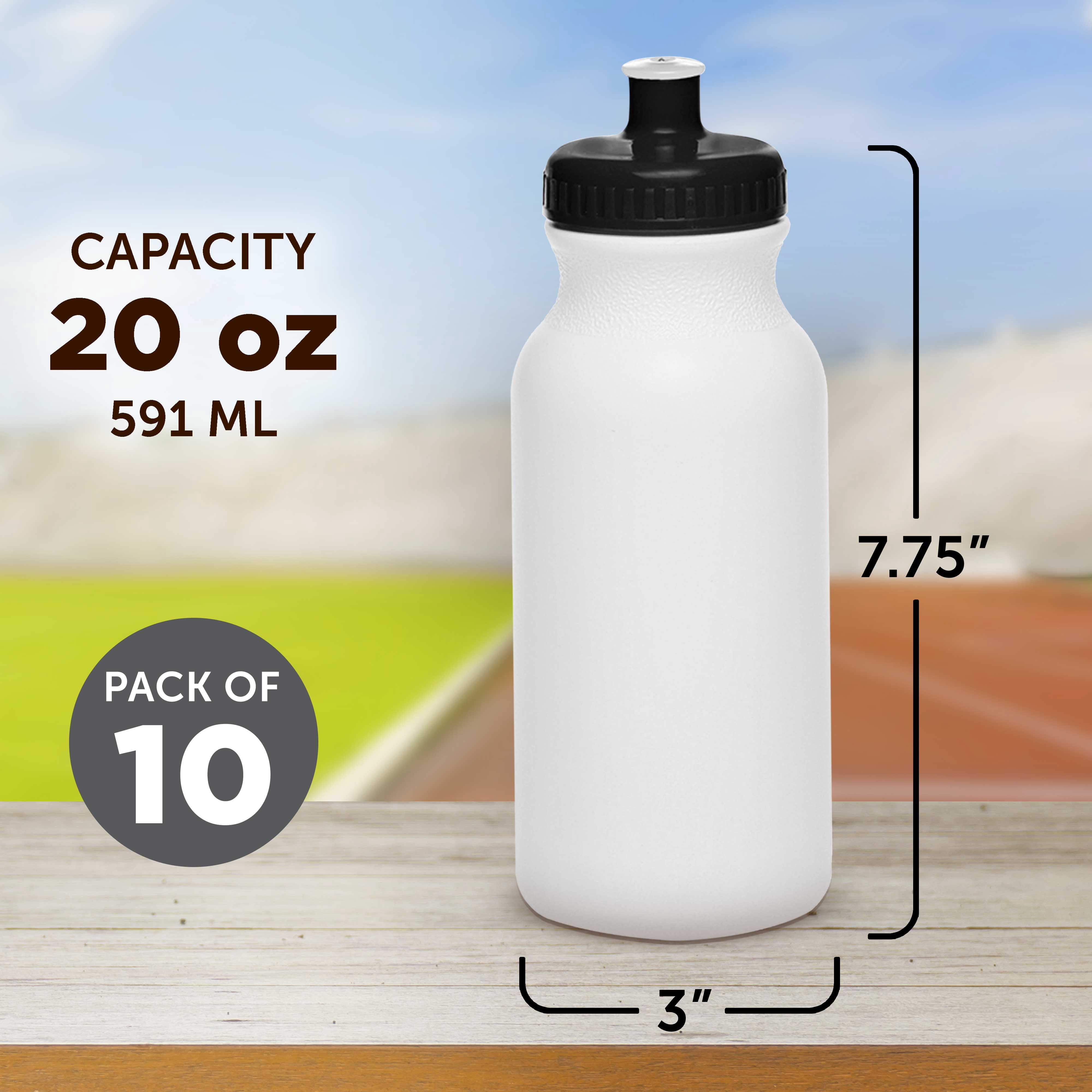 White Water Bottles 20 oz. Set of 10, Bulk Pack - BPA-Free, Reusable, Squeezable - White Black