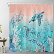 HVEST Watercolor Sea Teal Shower Curtain Teal Turtle and Fish in Colorful Coral Shower Curtain for Bathroom Beach Coastal Theme Bathroom Shower Curtain with Hooks,72 x 78 Inch