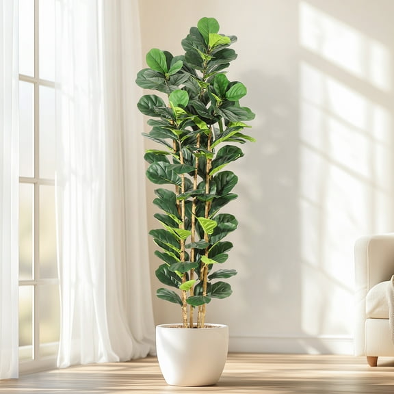 7FT Faux Fiddle Leaf Fig Tree with White Pot, Faux Trees with Artificial Plants - Lifelike Fake Tree for Home Office Store Room Decor Indoor Outdoor