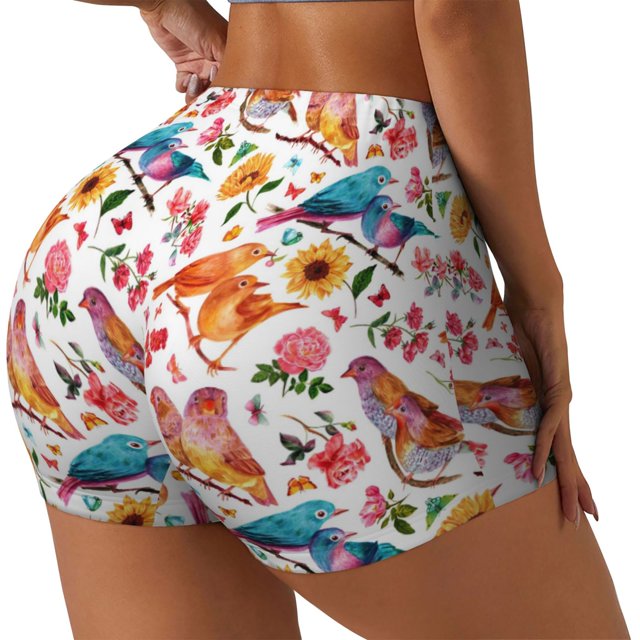 Fotbe Flowers Birds And Butterflies Shorts Sin Costuras – Shorts Deportivos de Cintura Alta para Mujer, Elásticos para Gimnasio, Yoga, Running o Ciclismo-Medium
