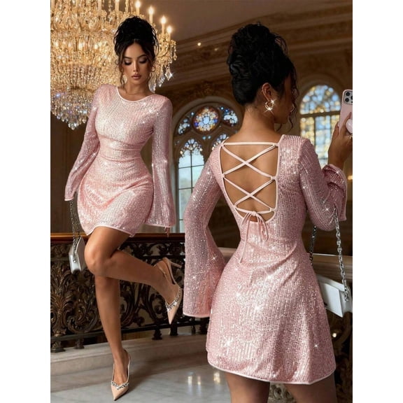 Pink Sequin Mini Dress With Criss-Cross Back Tie And Long Flared Sleeves For Party Cocktail Event