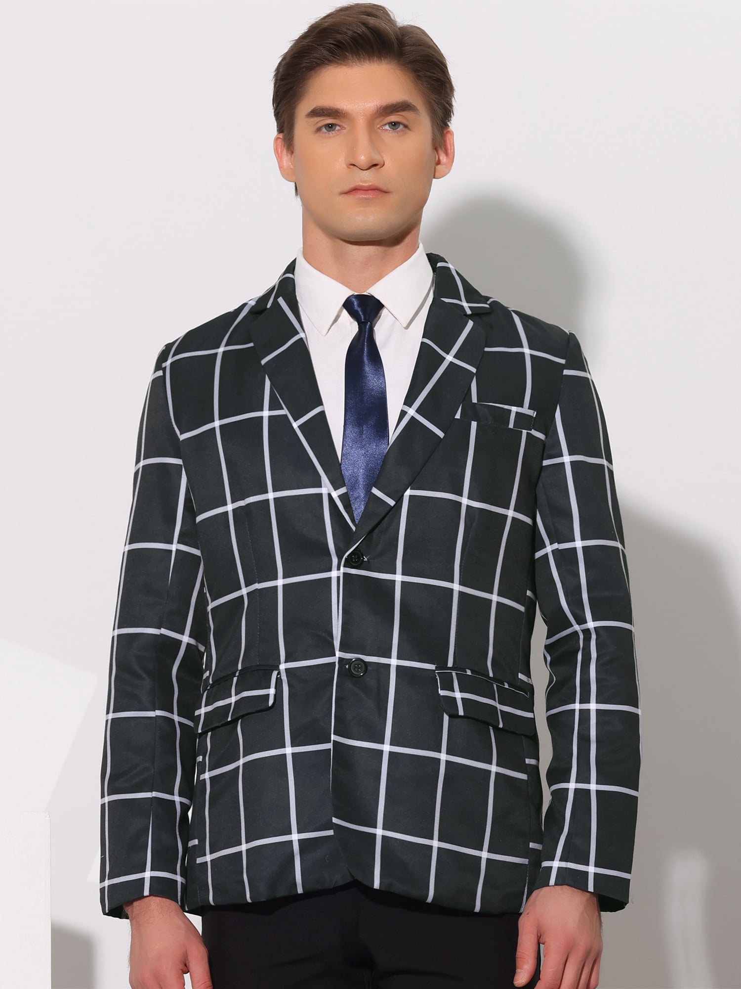 Unique Bargains Men's Plaid Contrasting Color Notch Lapel Two Button Blazer XL Black