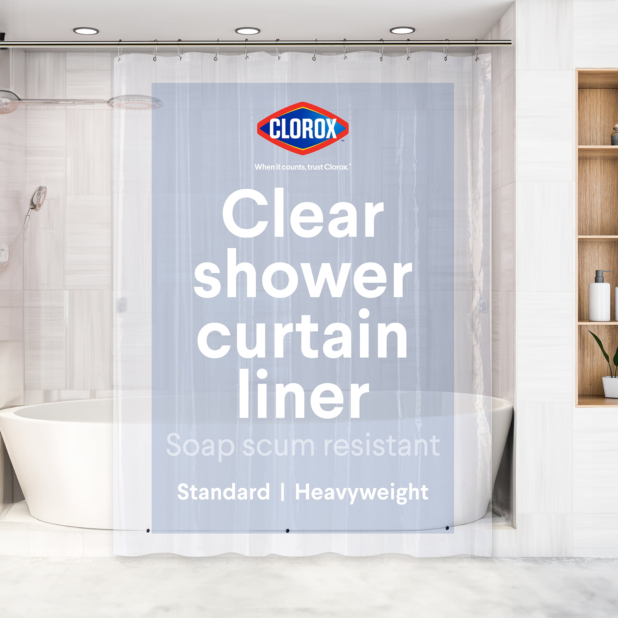 (5 pack) Clorox Shower Curtain Liner Heavyweight Waterproof PEVA with Metal Grommets 72" x 72" Clear