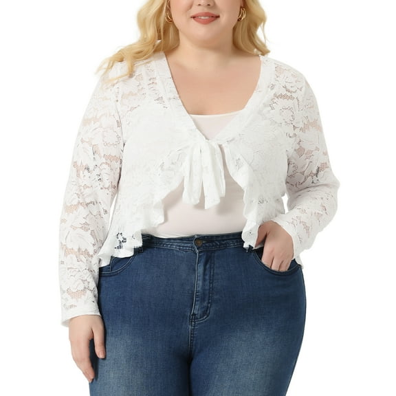 Agnes Orinda Plus Size Cardigan for Women Lace Bolero Shrug 3/4 Sleeve Tie Front Elegant Bolero Cardigan 1X White