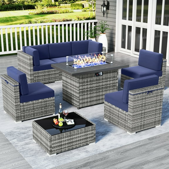 8 Piece Patio Furniture Set with Fire Pit Table, Outdoor Sectional Conversation Set with Coffee Table