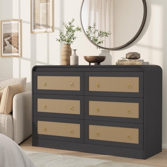 46" Wide Rattan Dresser,6 Drawer Dresser for Bedroom,Dressers & Chests of Drawers,Modern Chest of Drawers for Bedroom,Living Room,Hallway,Black