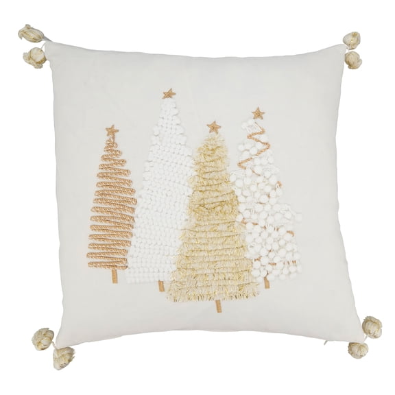 Saro Lifestyle 8292.GL18SC 18 in. Holiday Cheer Christmas Trees Square Throw Pillow Cover with Pom-Pom Trim, Gold