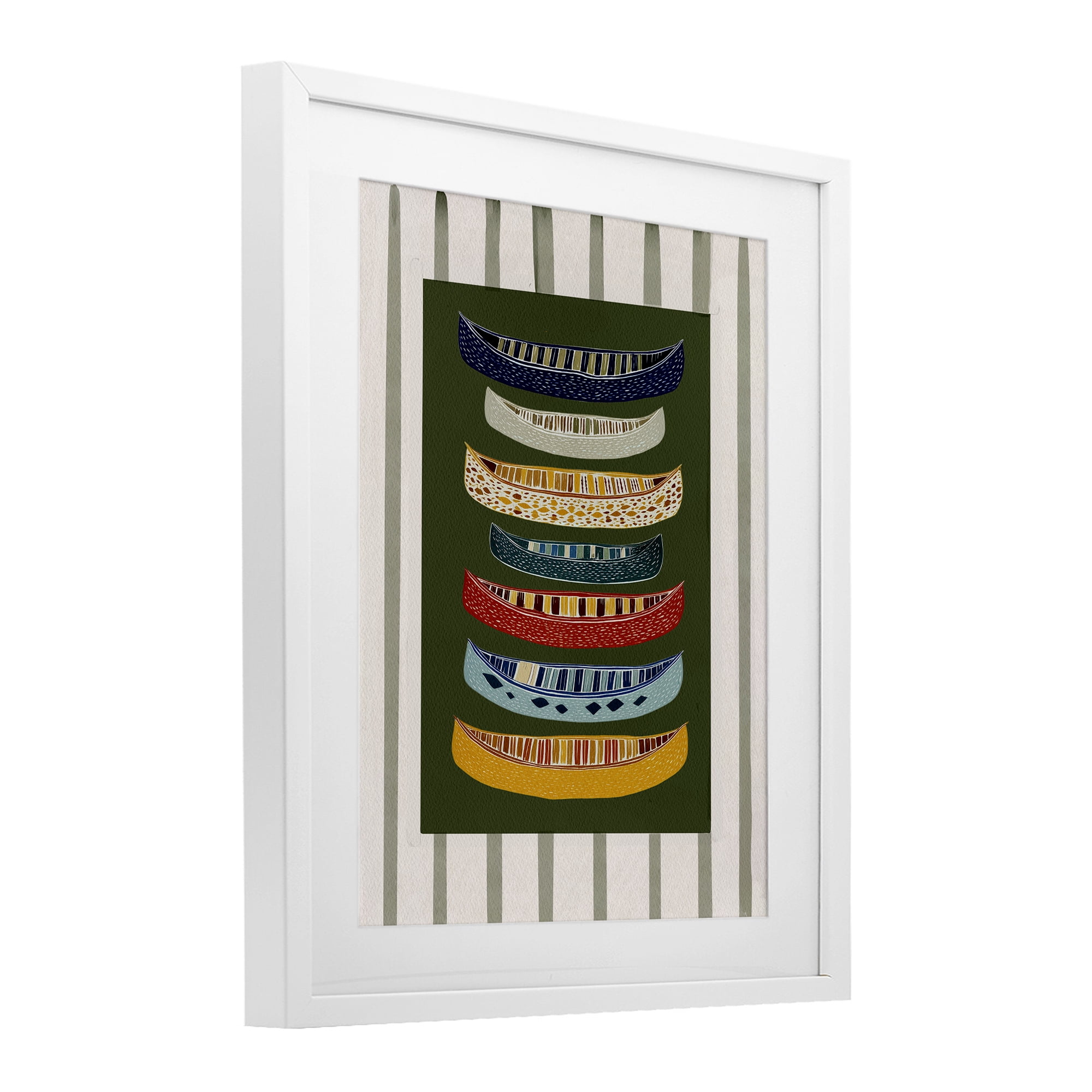 Stupell Industries Patterned Canoes over Stripes White Framed Print Under Glass, design by Yen