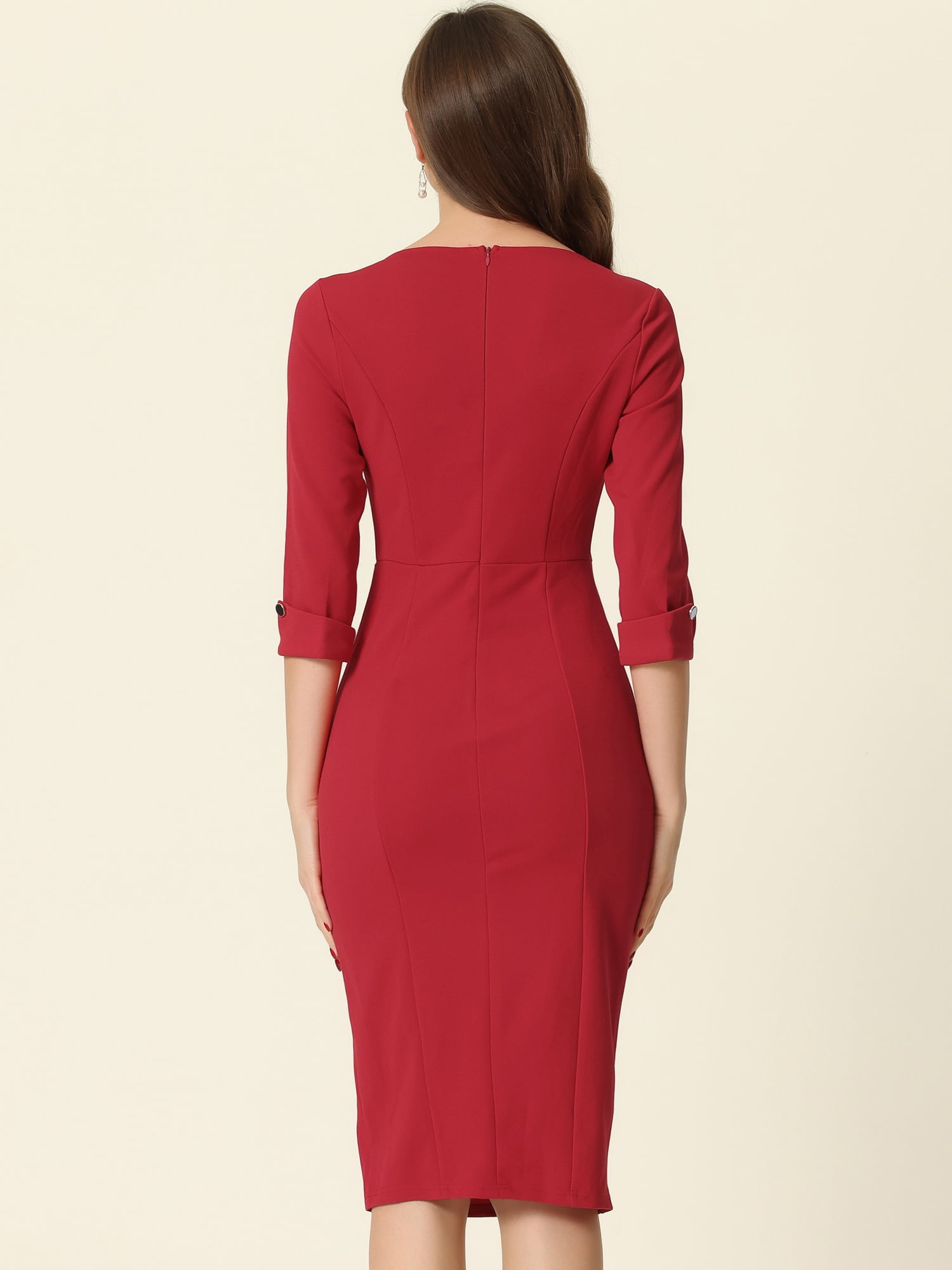 DARING DIVA Elegant Boat Neck 3/4 Sleeves Midi Split Sheath Dress M Red