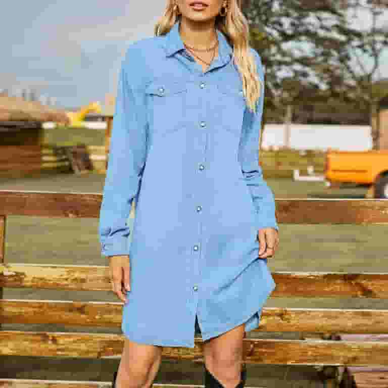 Denim Shirt Dress for Women Trendy Button Down Jean Short Denim Shirt Dress for Women Trendy Button Down Jean Short