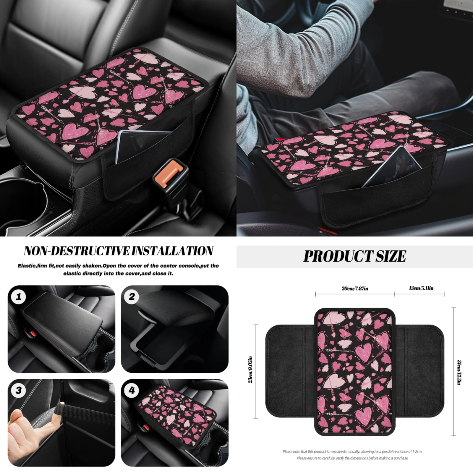 Jeiento Love Heart 14 PCS Car Seat Covers Set with Steering Wheel Cover Seat Belt Pads Garbage Bag Armrest Seat Box Cover Handbrake Cover Set Rear View Mirror Protector Coasters Auto Accessory
