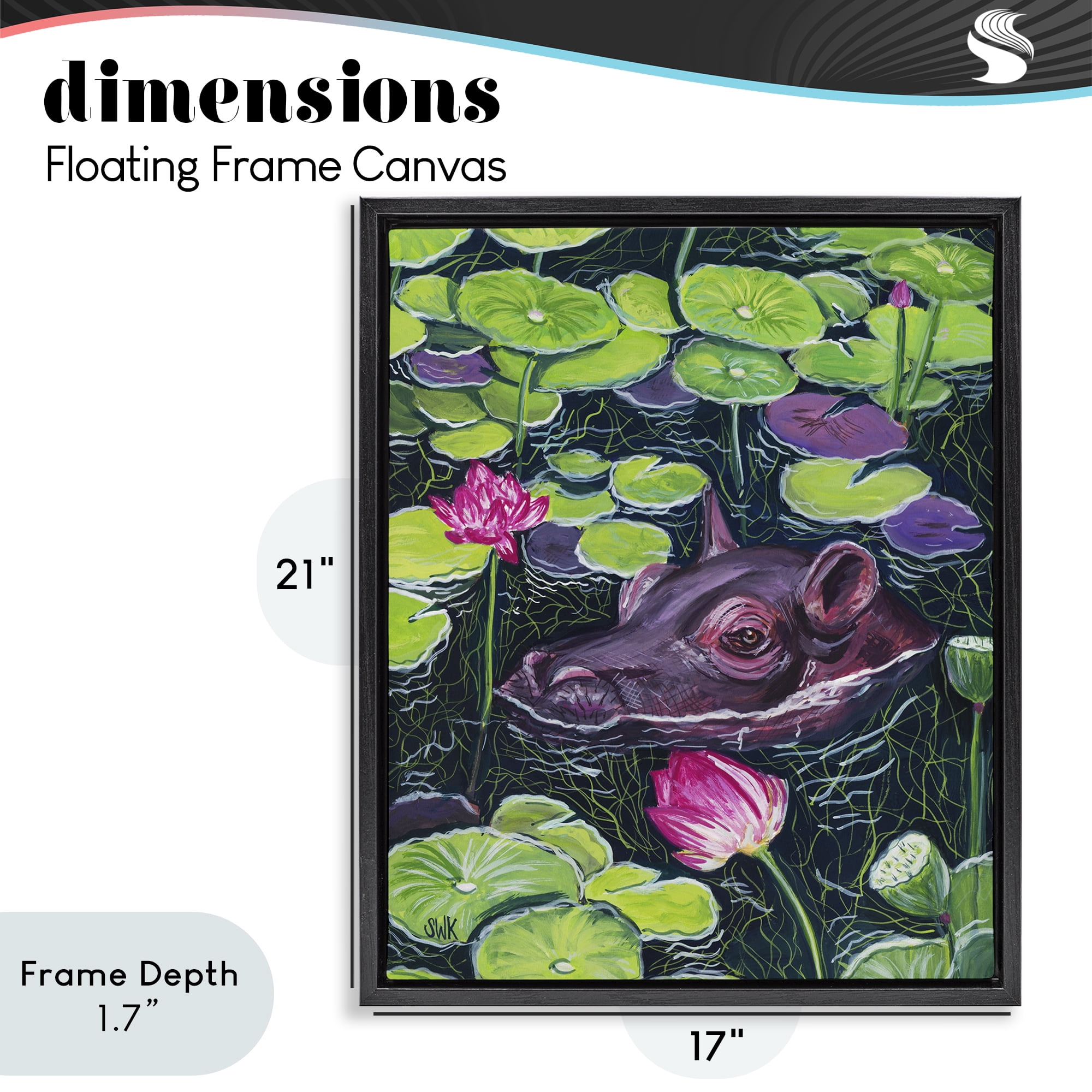 Stupell Industries Hippo & Blossoms Pond Black Framed Floater Canvas Wall Art, design by Sarah Waldron Kimball