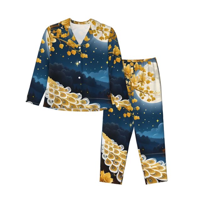 Balery Moonlit Golden Tree Peacock Conjunto de Pijama con Estampado para Mujer, Conjunto de Dos Piezas con Manga Larga, Ropa de Dormir Suave con Bolsillos, Pijamas Cómodos-Large