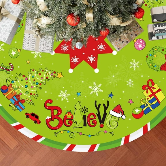 Greenchy Christmas Tree Skirt 48 Inch, Large Believe Christmas Decorations Tree Skirt, Red and Green Xmas Party Decorations Mat for Xmas New Year Festive Holiday Party Decoations